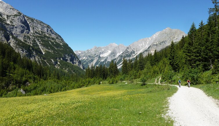 mountain biker im karwendeltal richtung karwendelhaus